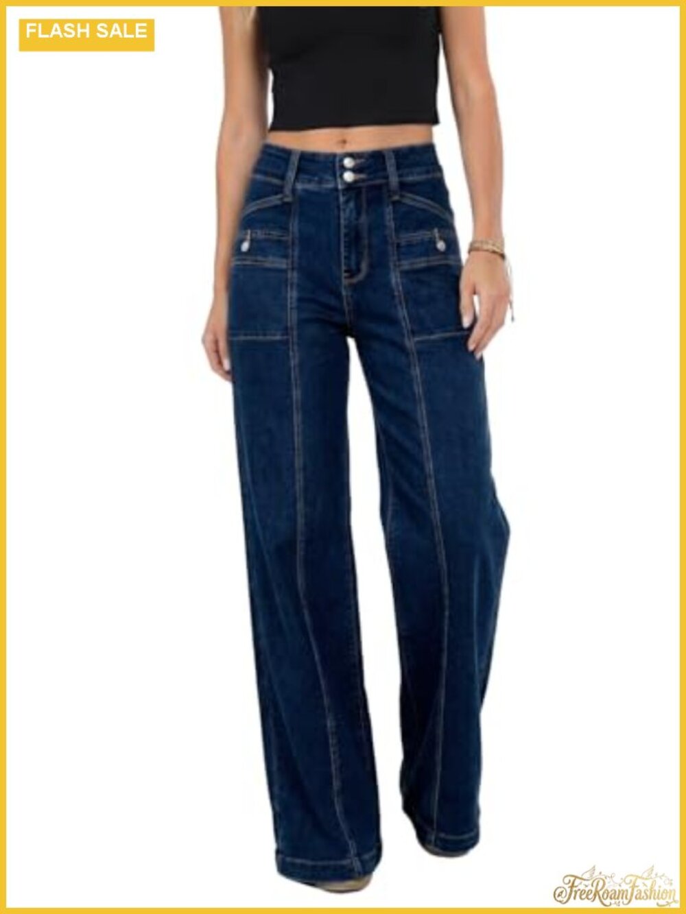High Waisted Wide Leg Jeans Double Button Stretchy Denim Casual Pants
